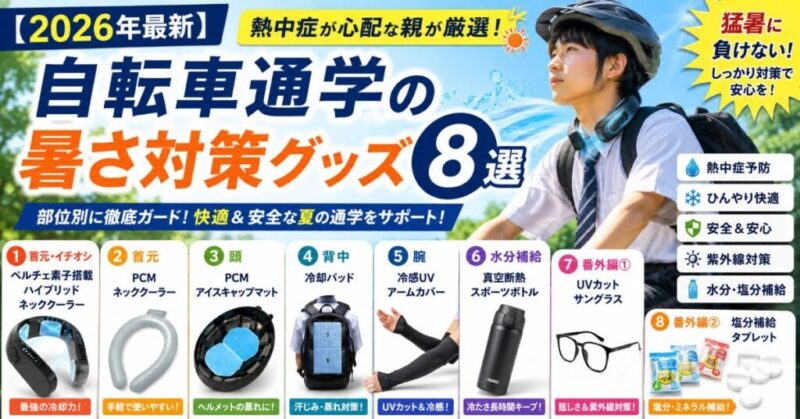 自転車通学の暑さ対策グッズを親目線で紹介する記事のアイキャッチ画像